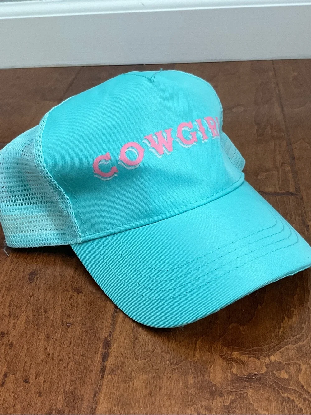 Cowgirl Trucker Hat - Aqua with Pink Logo NWT